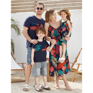PATPAT Family Matching Mommy and Me Floral  Strap Midi Dresses and Splicing Short-sleeve T-shirts Sets - 1 of 4