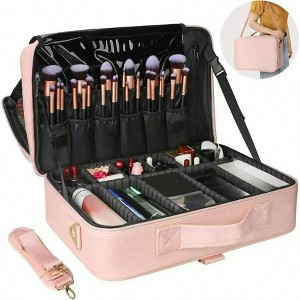 Travel Makeup Train Case with Adjustable Dividers, Portable Cosmetic Organizer for Brushes, Toiletry, Jewelry & Tech - 1 of 4