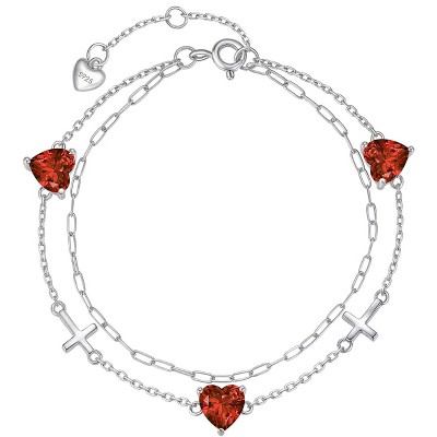Molenia Birthstone Cross Bracelet for Women, S925 Sterling Silver Heart Dainty Link Charm Double Layer Jewelry Birthday Gift for Her