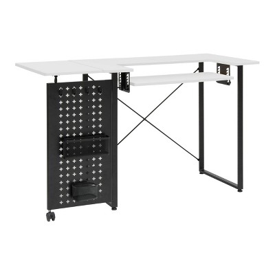 Best Choice Products Folding Sewing Table Multipurpose Craft Station Side Desk w/ Wheels, Shelves, Bins, Pegs - White