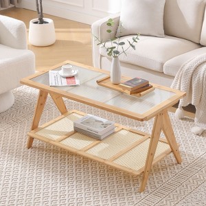 Bekrvio Boho Rattan Coffee Table with Glass Top - 1 of 4