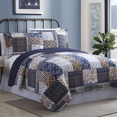 Laura Twin Blue Cotton Reversible Quilt Set