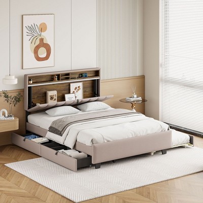 Okak Platform Bed Frame with Upholstered Storage Headboard  Bed with 2 drawers Sockets USB Ports Easy Assembly