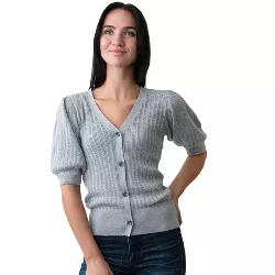 Hope & Henry Womens' Puff Sleeve Button Front Sweater (Gray Heather Cable, Large)