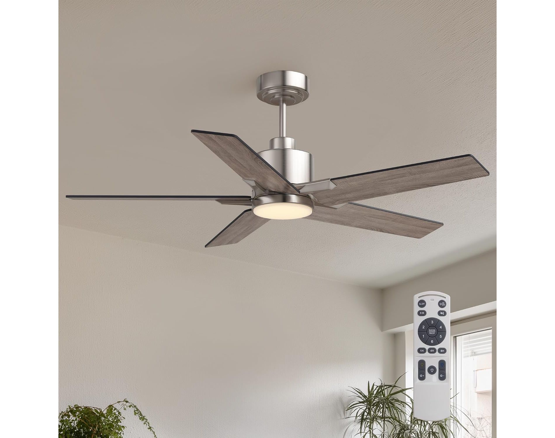 Siljoy 46 Inch Ceiling Fans with Lights and Remote for Bedroom, Modern Nickel Ceiling Fan with Quiet Reversible DC Motor, 3CCT, Dimmable