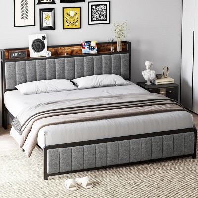 Acekool Upholstered Platform Bed Frame with Storage Headboard, USB Ports & Strong Metal Slats