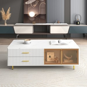 TIRAMISUBEST Modern Coffee Table with 2 Glass Door Storage and 4 Drawers, Center Table Cocktail Table with Gold Metal Legs and Multi-Color Lighting - 1 of 4