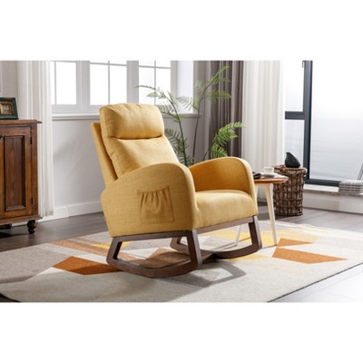 PAGED Premium Linen Accent Chair with Solid Wood Legs & Convenient Side Pocket, High-Back Rocking Armchair for Living Room, Natural Beige