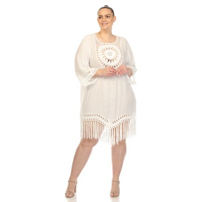 Plus Size Crocheted Fringed Trim Dress  Cover Up - White Mark