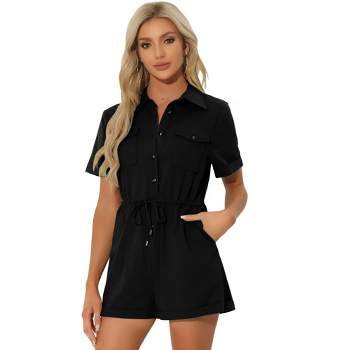 Allegra K Women's Casual Lapel Collared Two Pockets Shorts Romper Jumpsuit