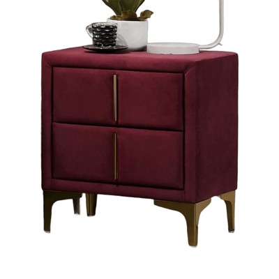 Vynxaria Glam Fully Upholstered Nightstand - Gold-Coated Steel Legs, Center Bar Pull Handle, Flannelette Fabric