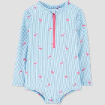 Carter's Just One You®️ Toddler Girls' Long Sleeve Striped Flamingo Printed One Piece Rash Guard - White/Light Blue