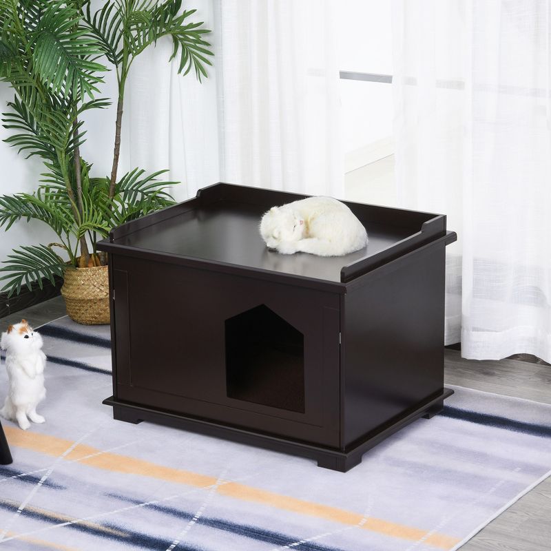 PawHut Wooden Cat Litter Box Covered Mess Free End Table Hideaway Storage Cabinet, Brown, 3 of 7
