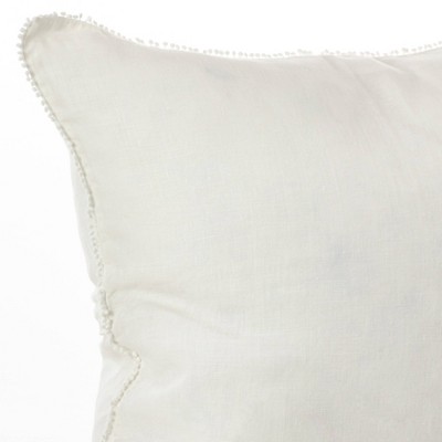 Ivory Linen Square Throw Pillow with Pom-Pom Fringe