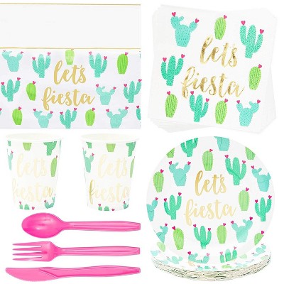 Sparkle and Bash 145 Piece Serves 24 Let's Fiesta Cacti Party Supplies, Disposable Paper Plate, Cup, Napkin & Cutlery