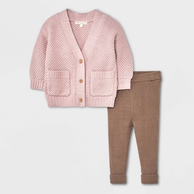 Image of Grayson Collective Baby Girls' Cardigan & Ribbed Leggings Set - Light Pink/Brown 0-3M