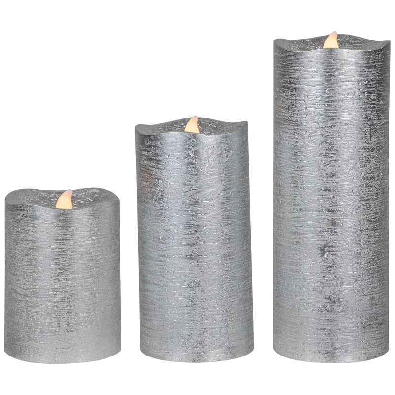 Northlight Set of 3 Brushed Silver-tone LED Flickering Flameless Pillar Candles 8", 5 of 7
