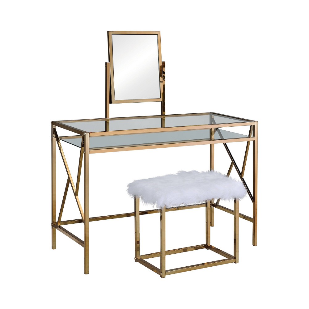 Photos - Other Furniture 24/7 Shop At Home Burdette: Tempered Glass & Metal Vanity Set with Plush Stool Champagne