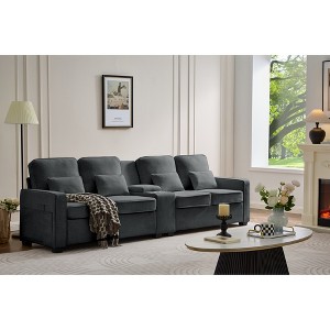 114" Upholstered 4-Seat Sofa with Console, 2 Cup Holders, 3 Wired USB Ports, Linen Fabric Couch with 4 Pillows, Modern Sofa for Living Room, Apartment - 1 of 4