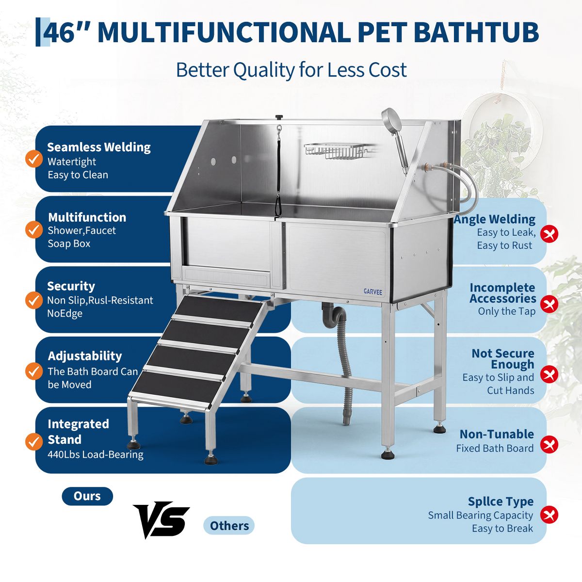 Stainless Steel Dog Washing Station with Access Stairs, Pet Grooming Bathtub Equipped with Grooming Arm, Door and Showerhead Kit - thumbnail 7