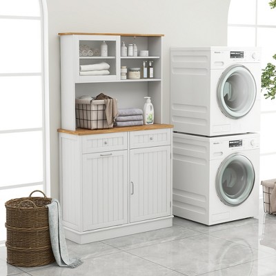 White and Natural MDF Tilt Out Trash Cabinet with Hutch