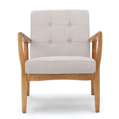 Elegant Mid-Century Tufted Club Chair in Beige Leather and Wood