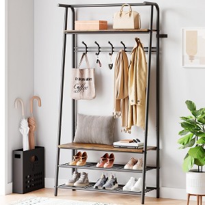homfan 4-in-1 Coat Rack Shoe Bench with Storage Shelf - Industrial Hall Tree for Entryway, Rustic Brown & Black - 1 of 4