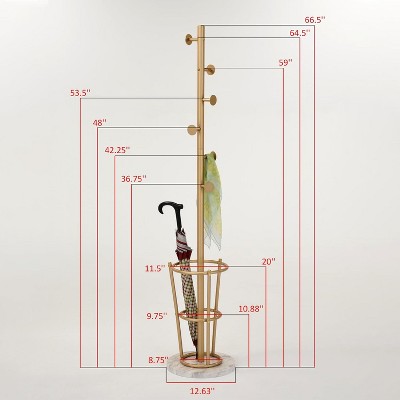 Gold Metal Hall Tree Coat Rack with Marble Base and Umbrella Stand