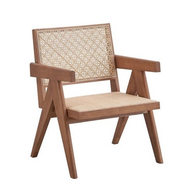 Royal Hampton 26 Inch Accent Armchair, Woven Rattan, Natural Brown Wood Finish