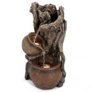 LuxenHome Brown Resin Tree Farmhouse Pots Outdoor Fountain with Lights - 1 of 4