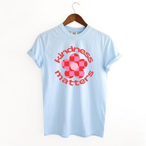 Simply Sage Market Women's Kindness Matters Checkered Flower Short Sleeve Garment Dyed Tee - 1 of 2