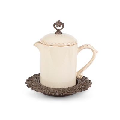 GG Collection Cream Stoneware Lidded Sauce Jar with Metal Acanthus Leaf Drip Base.