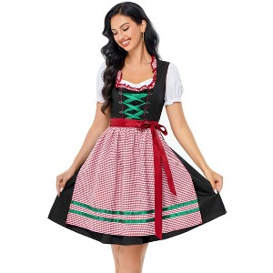 Women's 3-Piece Vintage Dress Costume Black Dress with Red Trim White Square Neck Crop Top Pink Plaid Apron - 1 of 4