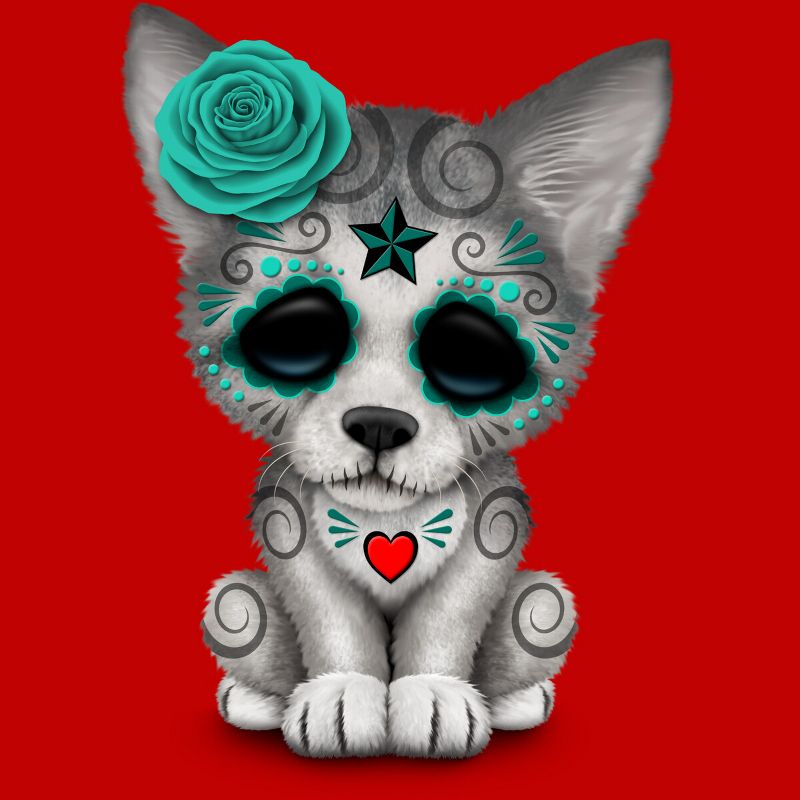 Boy's Design By Humans Blue Day of the Dead Sugar Skull Wolf Cub By jeffbartels T-Shirt, 2 of 4