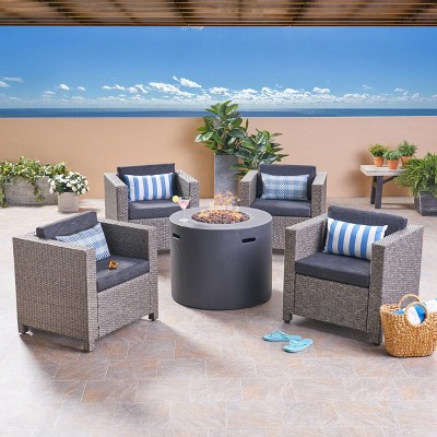 Nolan 5pc Wicker Club Chair and Round Fire Pit Set - Mixed Black/Dark Gray - Christopher Knight Home