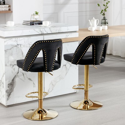 Birkin Set of 2 360° Armless Velvet Swivel Adjustable Height Bar Stool with Nailheads for Home Pub and Kitchen Island-Maison Boucle