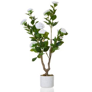 3FT Artificial Camellia Tree with White Flowers, Faux Plant in Pot for Home Office Decor - 1 of 4