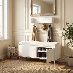 Airsurfer Wall-Mounted Entryway Shelf with Hooks and Storage Bench Set, Modern White Shoe Cabinet with Cushion and Closed Storage for Hallway, Bedroom - 1 of 4