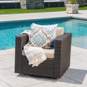 Okak 360° Swivel Patio Accent Chairs,PE Rattan Outdoor Armchairs with Iron Base&Upholstered Back,Patio Furniture Seating,Single,Brown/Beige - 1 of 4