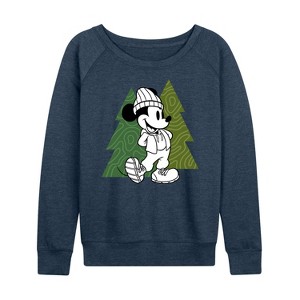 Women's - Disney - Mickey Patterned Trees Lightweight French Terry Wide Neck Long Sleeve Shirt - 1 of 4