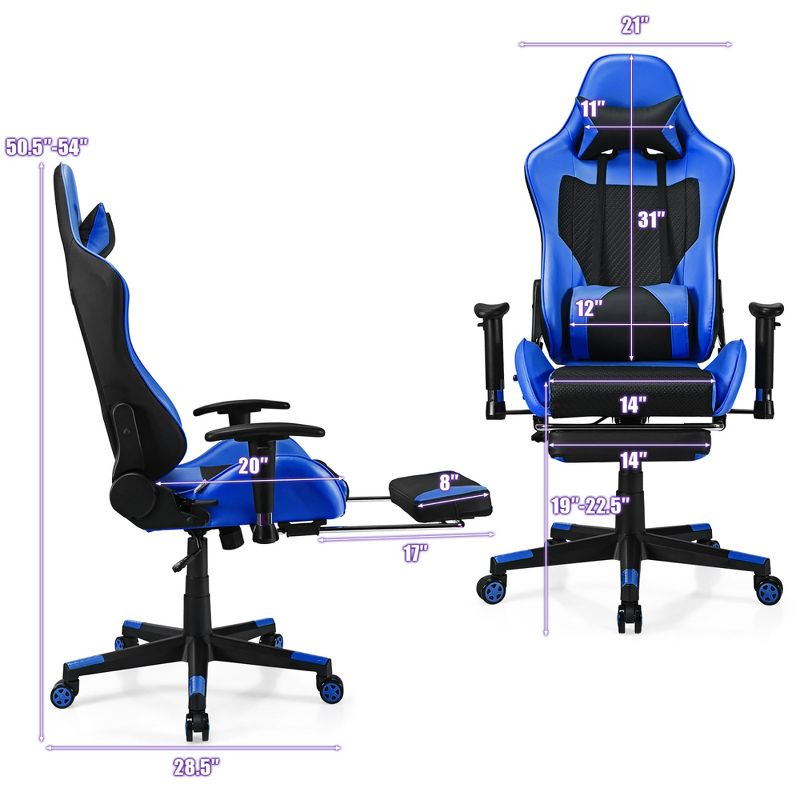 Costway Massage Gaming Chair Reclining Racing Office Computer Chair with Footrest White\Blue\Pink\Red, 3 of 11