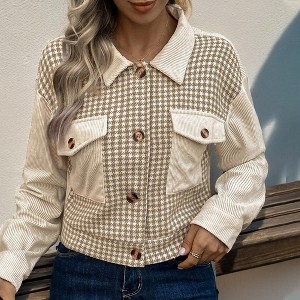 Women's Plaid Corduroy Shirt Jacket Button Down Collar Long Sleeve Top Short Jacket - 1 of 4