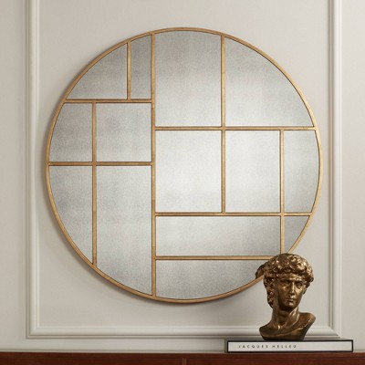 Antique Gold Geometric Pattern Round Wall Mirror, 35 inches