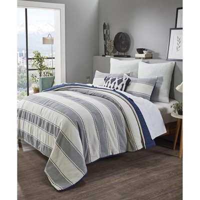 Ivory and Navy Striped Microfiber Queen Comforter Set