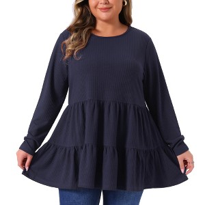 Agnes Orinda Women's Plus Size Casual Knit Babydoll Long Sleeve Peplum Blouse - 1 of 4