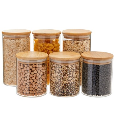 Juvale 6 Pc Set of Bamboo Storage Containers with Lids for Pasta, Cookies, Nuts, 15 oz, and 24 oz Glass Jars for Kitchen Pantry