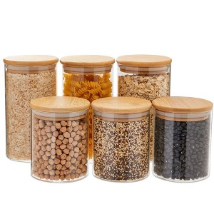 Juvale 6 Pc Set of Bamboo Storage Containers with Lids for Pasta, Cookies, Nuts, 15 oz, and 24 oz Glass Jars for Kitchen Pantry - 1 of 4