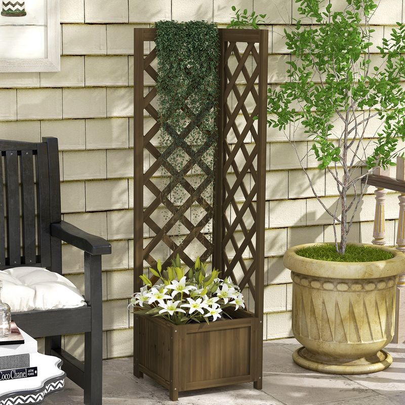 Outsunny Rustic Corner Planter with Trellis, Wooden Raised Garden Boxes Flower Bed for Backyard, Patio, Deck, Corner Use, Carbonized Color, 2 of 7