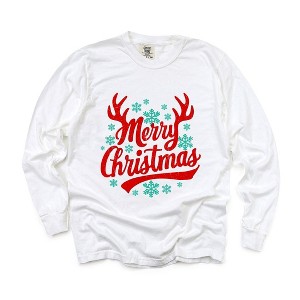 Simply Sage Market Women's Merry Christmas Antlers Long Sleeve Garment Dyed Tee - 1 of 4