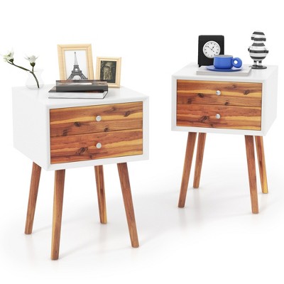 Tangkula 2PCS Wooden Nightstand Mid-Century End Side Table W/2 Storage Drawers Brown